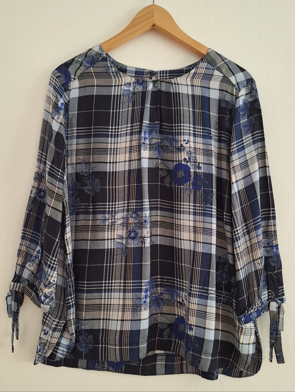 NWT Laura Ashley Navy and Blue Plaid Floral Tie-Sleeve Blouse